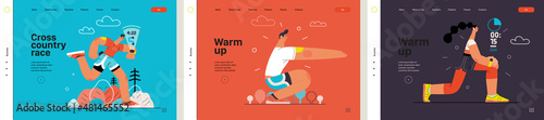 Runners website templates set. Flat vector concept illustrations of athletes running in a park, forest, stadium track or street landscape. Healthy activity and lifestyle. Sprint, jogging, warming up.