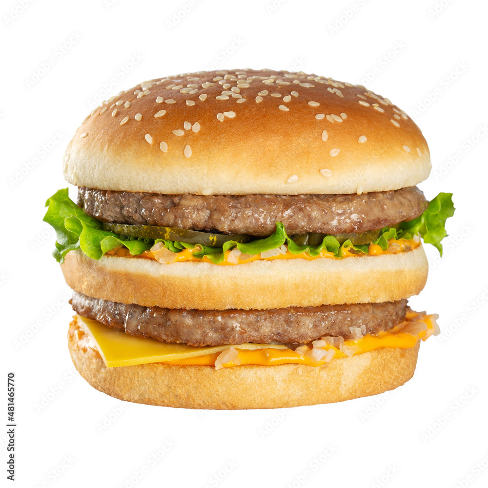 Appetizing burger with beef cutlet. Isolated on white background. Appetizing burger with beef cutlet. Isolated on white background.