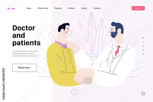 Doctor and patients -medical insurance web template - modern flat vector concept digital illustration. A male doctor is talking with compassion to a male patient, in the medical office. Landing page