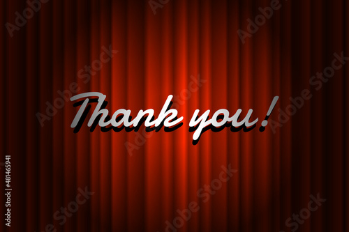 Thank you handwrite title on closed red silky luxury theater curtain background with spotlight beam illuminated. Old cinema promotion announcement vector retro scene poster template eps illustration