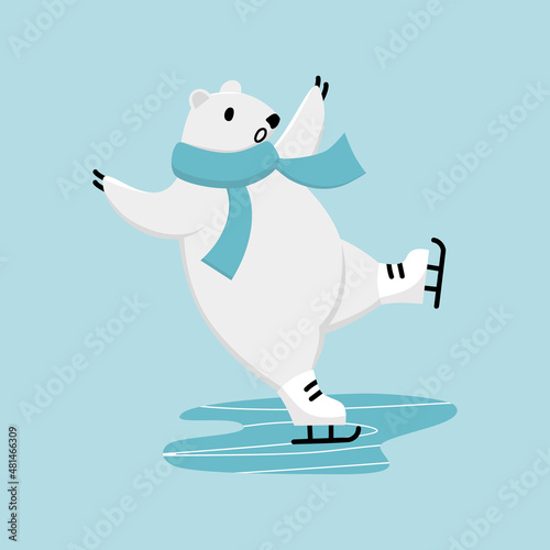 Polar bear ice skating training. Funny cartoon winter mascot
