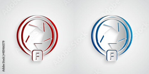 Paper cut Camera shutter icon isolated on grey background. Paper art style. Vector