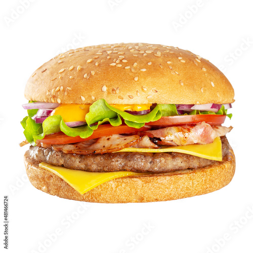 Appetizing burger with beef cutlet. Isolated on white background.