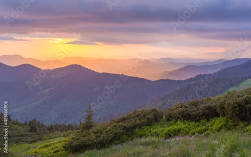 Mountain valley during sunrise. Natural landscape