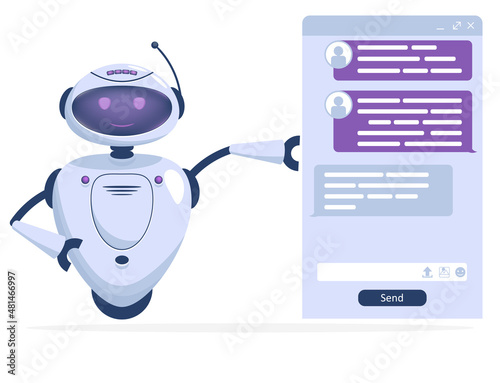 Chat Bot support, Online message dialogue, robot customer help service concept. Vector