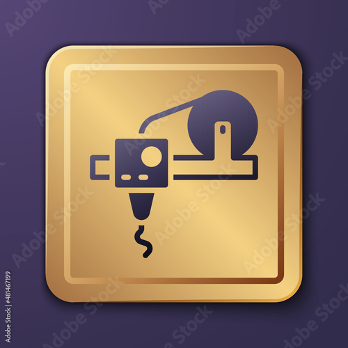 Purple 3D printer icon isolated on purple background. 3d printing. Gold square button. Vector