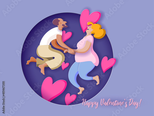 Happy Valentine Day greeting card with elder, senior, middle-aged couple jumping