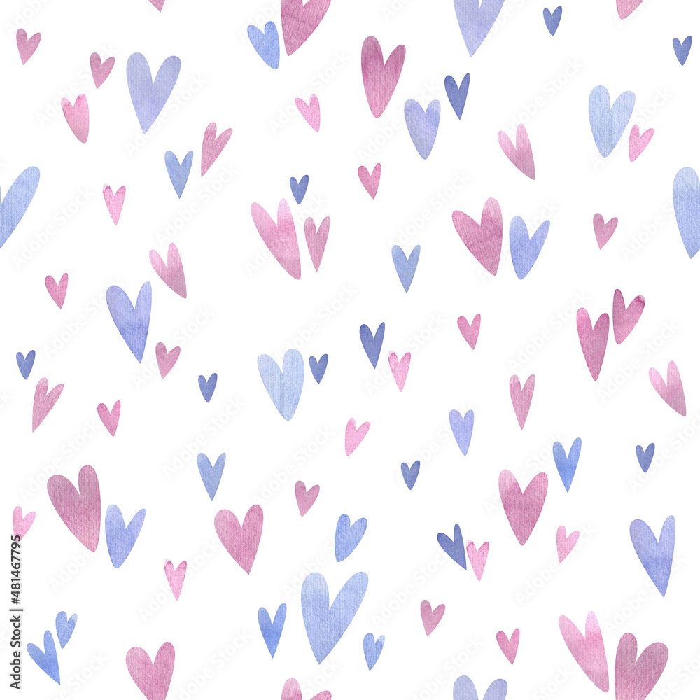 A watercolor seamless pattern with purple and pink hearts on a white background. A delicate pattern for your fabrics, wrapping paper and designs