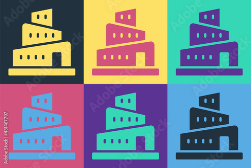 Pop art Babel tower bible story icon isolated on color background. Vector