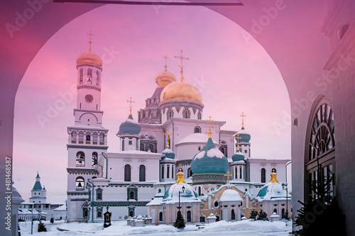 ISTRA, RUSSIA - January 16, 2022, The Resurrection Cathedral of New Jerusalem Monastery was built according to the prototype - the Church of the Holy Sepulcher in Jerusalem. Snowfall photo