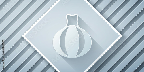 Paper cut Onion icon isolated on grey background. Paper art style. Vector
