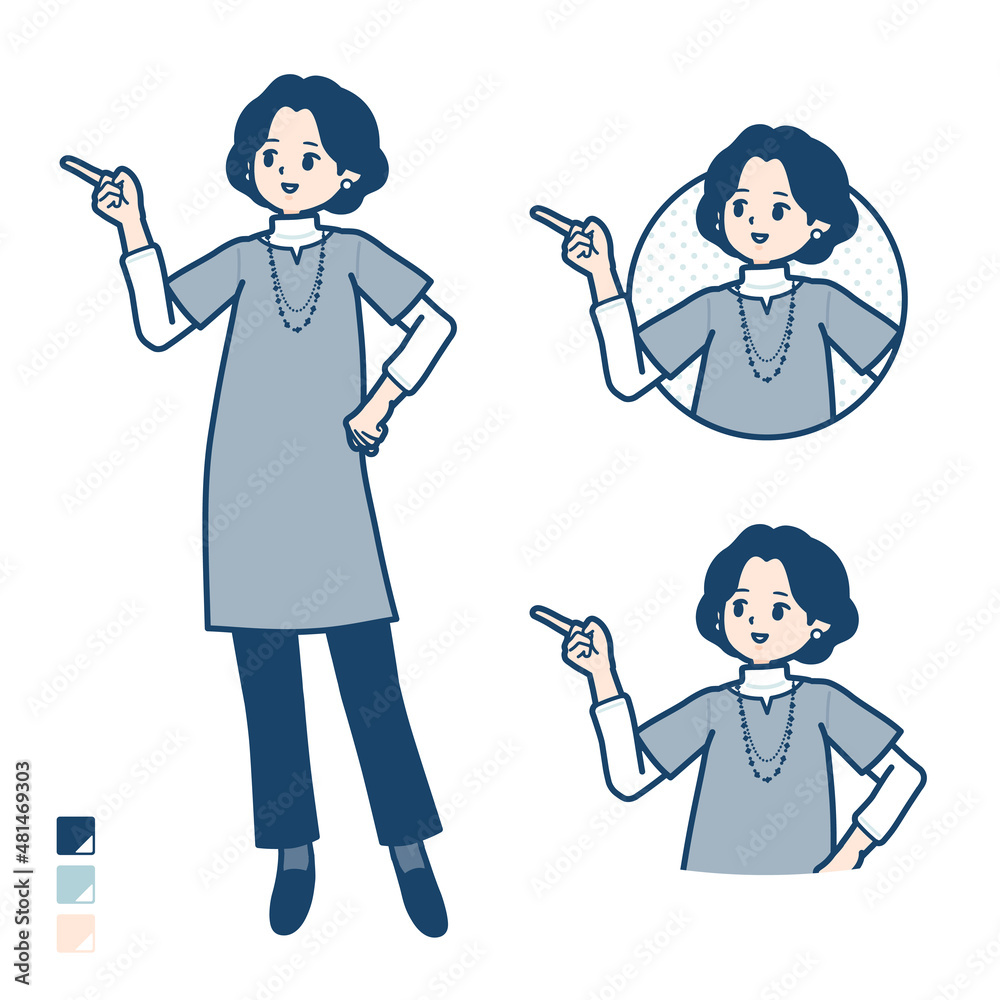 チュニック中年女性が指差して解説しているイラスト