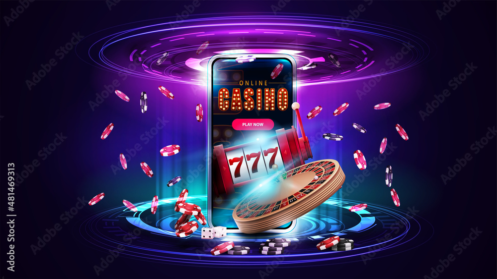 Online casino, banner with smartphone, Casino Roulette wheel, slot machine, poker chips and hologram of digital rings in pink and blue scene Stock Vector | Adobe Stock
