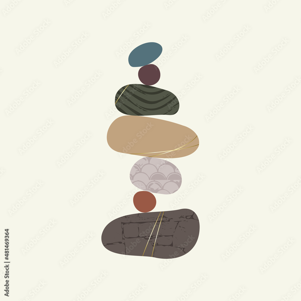 Wellness balance pebble stone harmony logo vector Illustration. Simplicity calm and zen of cairn rock shape. Simple poise tower. Japanese color stones with gold grunge texture. Poster, card, print Wellness balance pebble stone harmony logo vector Illustration. Simplicity calm and zen of cairn rock shape. Simple poise tower. Japanese color stones with gold grunge texture. Poster, card, print