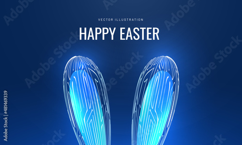 Headband easter neon bunny in a glowing futuristic style. Technological greeting card with a holiday. 3d model of hare ears with computer board pattern
