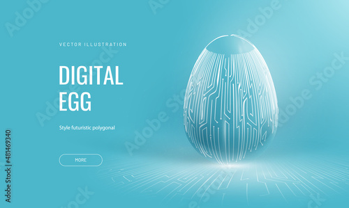 Easter egg in tech futuristic style. Greeting card with abstract 3d egg with circuit board texture. Glowing digital vector illustration
