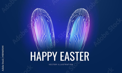Headband easter neon bunny in a glowing futuristic style. Technological greeting card with a holiday. 3d model of hare ears with computer board pattern