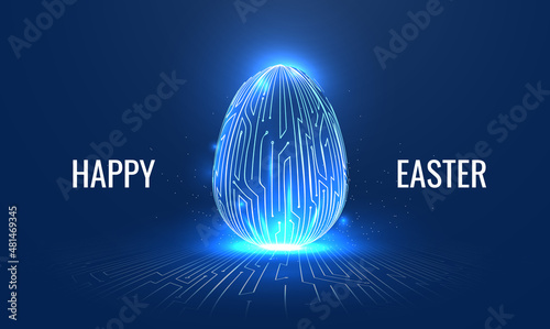 Easter egg in tech futuristic style. Greeting card with abstract 3d egg with circuit board texture. Glowing digital vector illustration