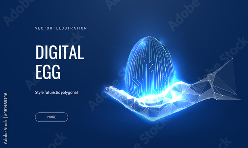 Easter egg in tech futuristic style. Greeting card with abstract 3d egg with circuit board texture. Glowing digital vector illustration