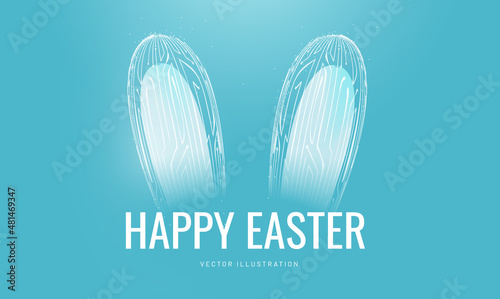 Easter neon bunny in a glowing futuristic style. Technological greeting card with a holiday. 3d model of hare ears with computer board pattern
