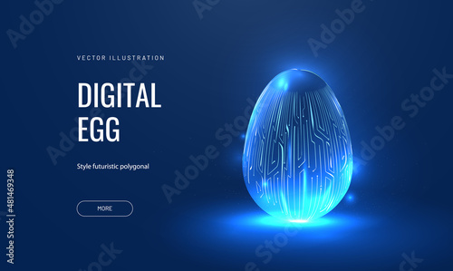 Digital egg in tech futuristic style. Greeting card with abstract 3d egg with circuit board texture. Glowing vector illustration