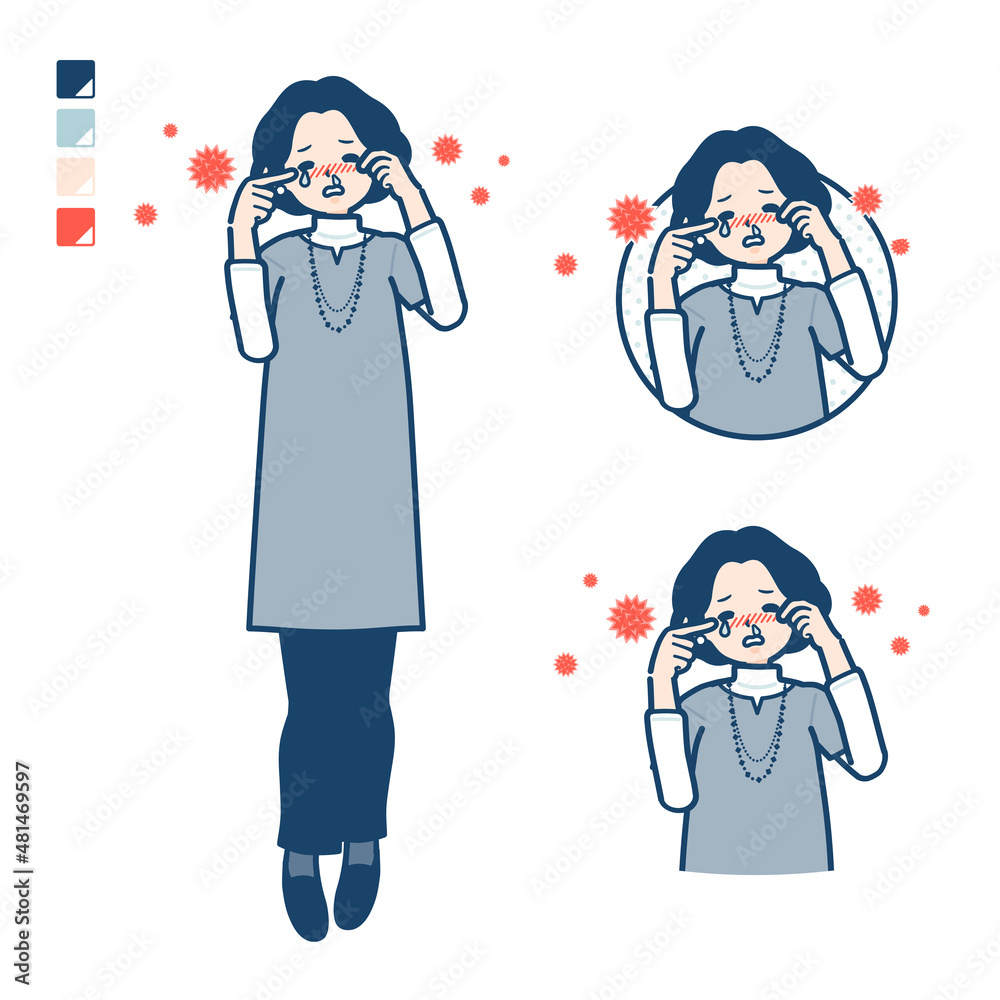 チュニック中年女性が花粉アレルギーに苦しんでいるイラスト
