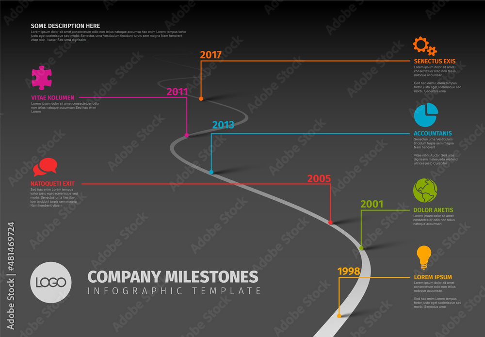 Infographic Dark Road Timeline with Pointers Stock Template | Adobe Stock
