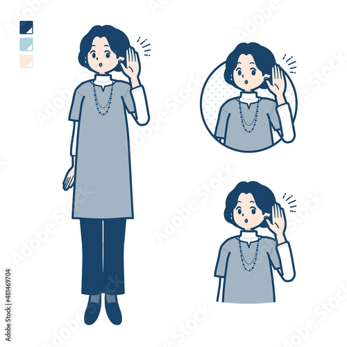 チュニック中年女性が聞き耳をたてているイラスト