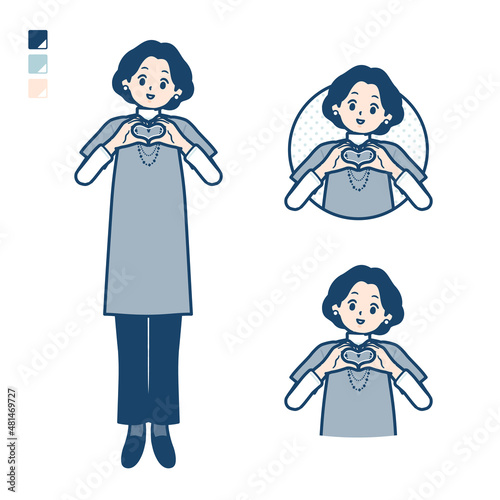 チュニック中年女性が手でハートマークを作っているイラスト
