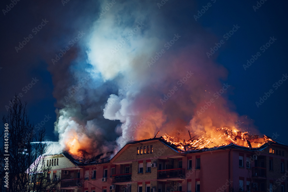 Building in fire at the night