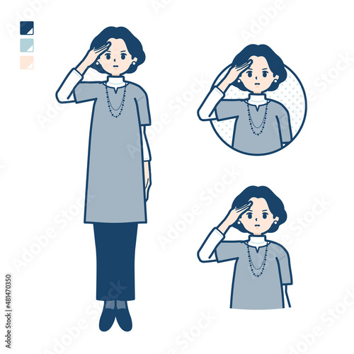 チュニック中年女性が敬礼しているイラスト