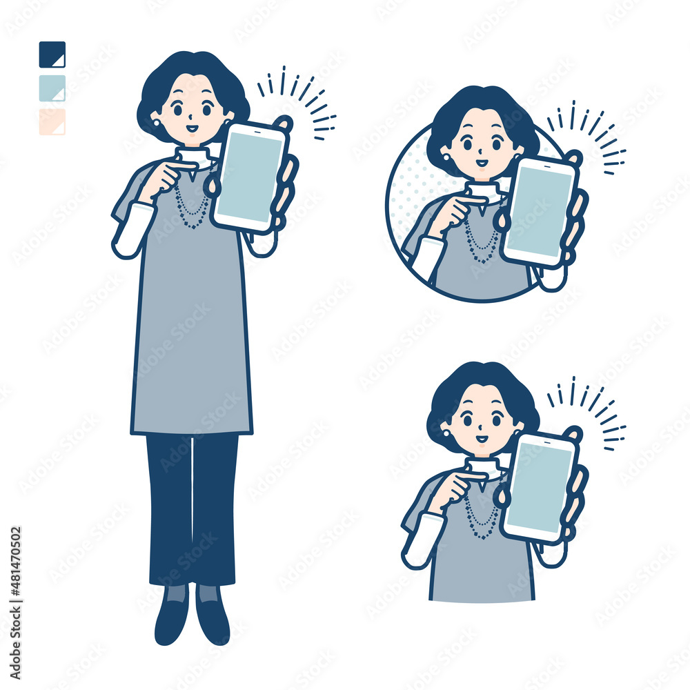 チュニック中年女性がスマートフォンを差し出しているイラスト