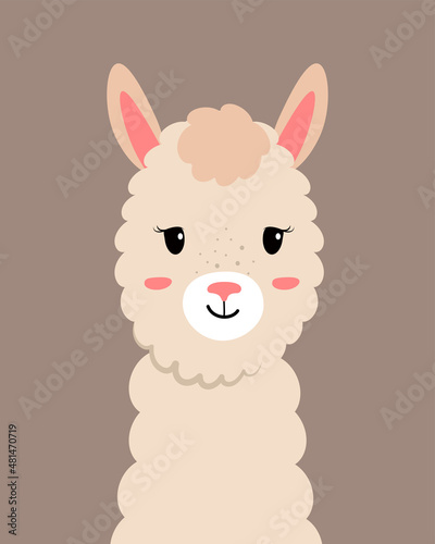Vector portrait of an Alpaca on a brown isolated background. Cheerful llama, the character is drawn by hand. Cute cartoon llama for a poster in a children's room