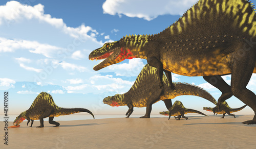 Fototapeta Naklejka Na Ścianę i Meble -  Arizonasaurus Dinosaur Beach - A pack of carnivorous Arizonasaurus dinosaurs come to a lake to drink as one of them finds a fish to eat.
