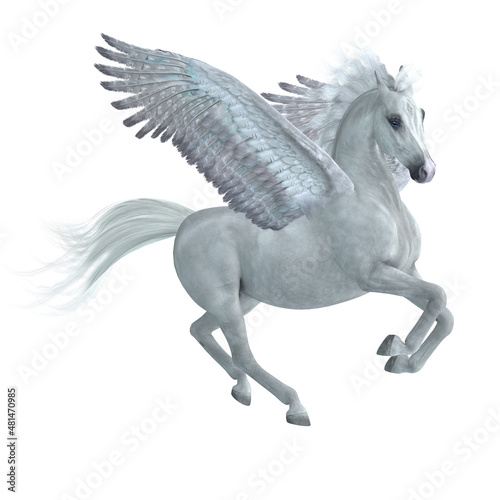 Pegasus Taking Off - A beautiful white Pegasus stallion, a legendary mythical horse with wings, takes off for the sky.