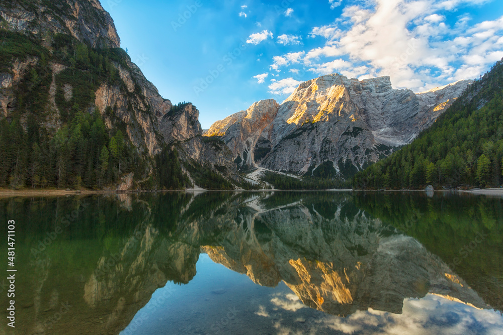 Braies Lake ( Pragser Wildsee ) in Dolomites Alps, Sudtirol, Italy