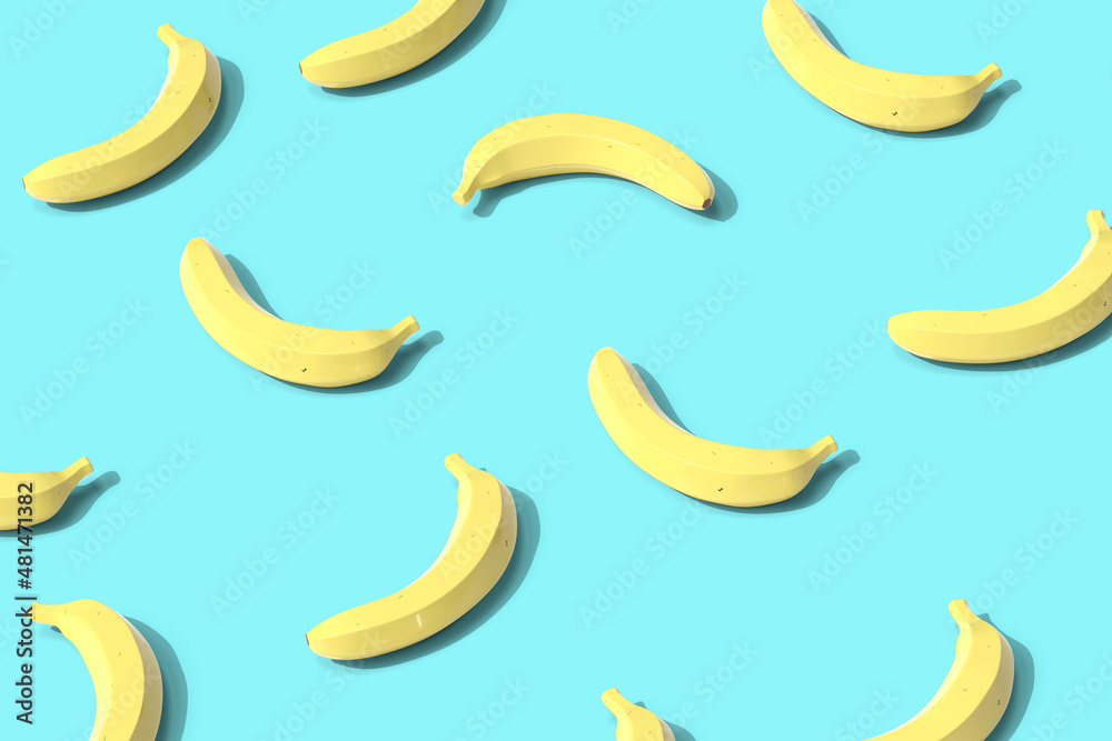 Bright blue bananas pattern background. 3D illustration.