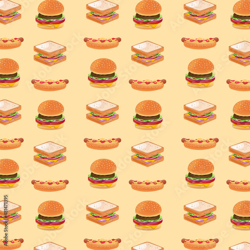 Burger and sandwich hot dog fast food concept illustration seamless vector