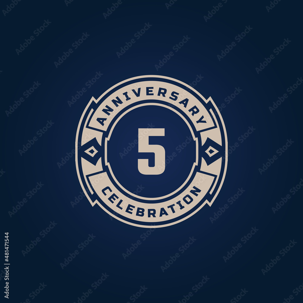 5 Year Anniversary Celebration with Golden Color for Celebration Event, Wedding, Greeting card, and Invitation Isolated on Blue Background
