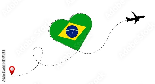 Airplane flight route with Brazil flag inside the heart.