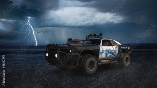 Fantasy post apocalyptic concept police car in a barren desert landscape with storm clouds and lightning in the sky. 3D rendering.