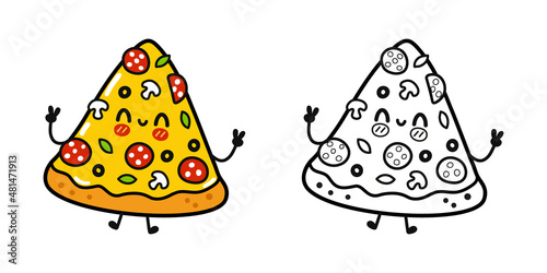 Funny cute happy pizza characters bundle set. Vector kawaii line cartoon style illustration. Happy pizza mascot character collection, outline cartoon illustration for coloring book