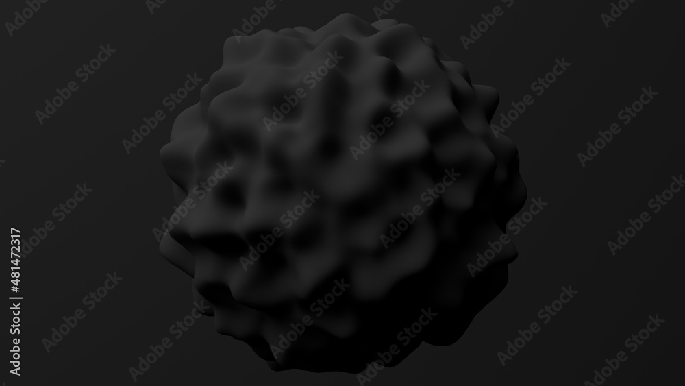 Fototapeta premium Black deformed sphere, black background. Abstract monochrome illustration, 3d render.