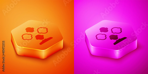Isometric Schizophrenia icon isolated on orange and pink background. Hexagon button. Vector
