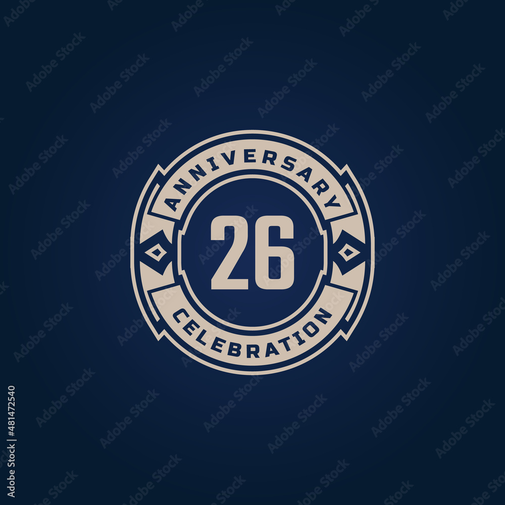 Naklejka premium 26 Year Anniversary Celebration with Golden Color for Celebration Event, Wedding, Greeting card, and Invitation Isolated on Blue Background