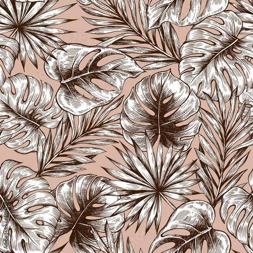Illustration of graphic flowers and leaves. Seamless pattern for wallpaper and fabric design.