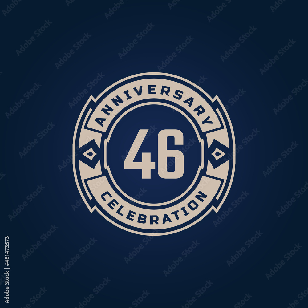 46 Year Anniversary Celebration with Golden Color for Celebration Event, Wedding, Greeting card, and Invitation Isolated on Blue Background