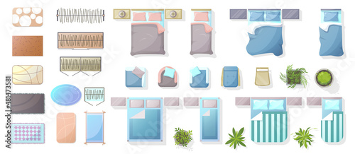 Furniture for bedroom, house, apartment, living room Top view. Elements for Interior icon, beds, armchairs, plant, carpers. Furniture symbols for interior design. Isolated Vector collection
