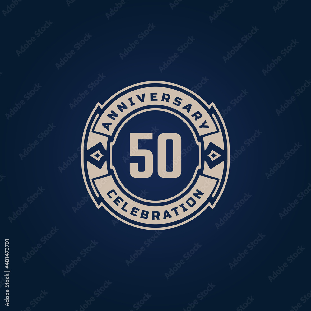 Naklejka premium 50 Year Anniversary Celebration with Golden Color for Celebration Event, Wedding, Greeting card, and Invitation Isolated on Blue Background