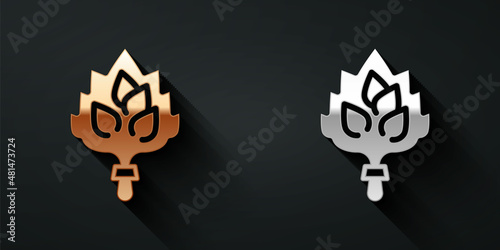 Gold and silver Sauna broom icon isolated on black background. Broom from birch twigs, branches for Russian steam bath, sauna, washhouse. Long shadow style. Vector